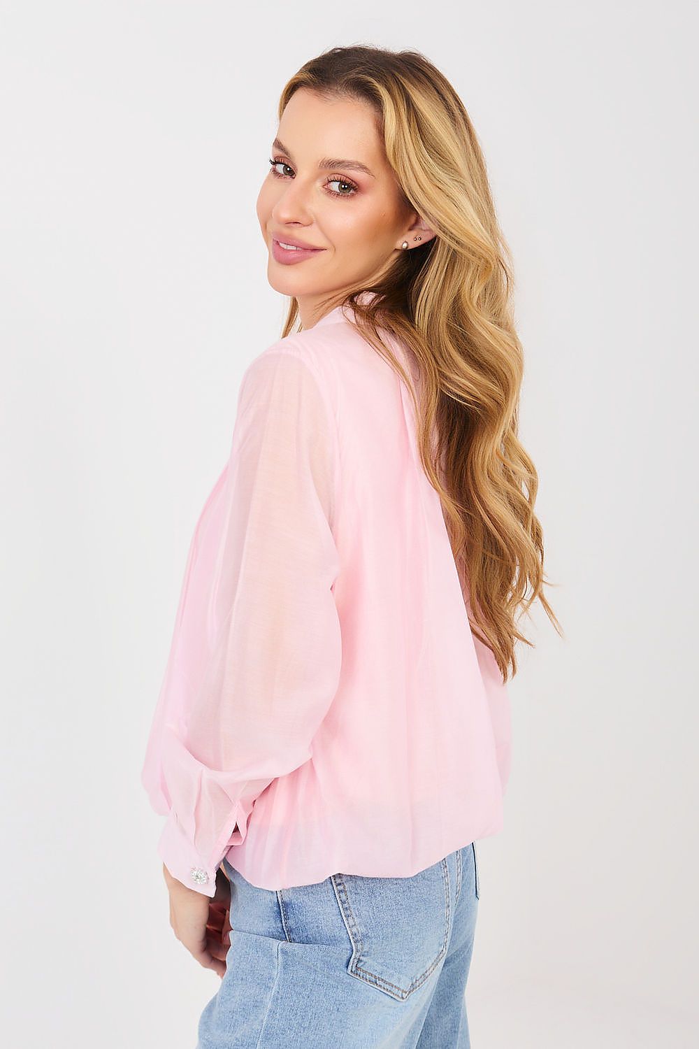  pink elegant women’s blouse with elastic hem side view