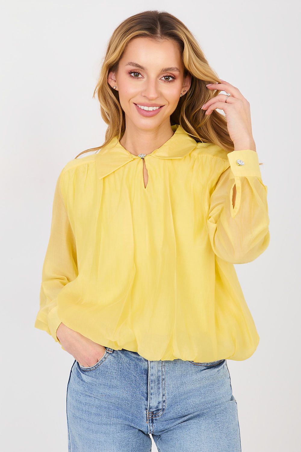 yellow elegant women’s blouse with elastic hem 