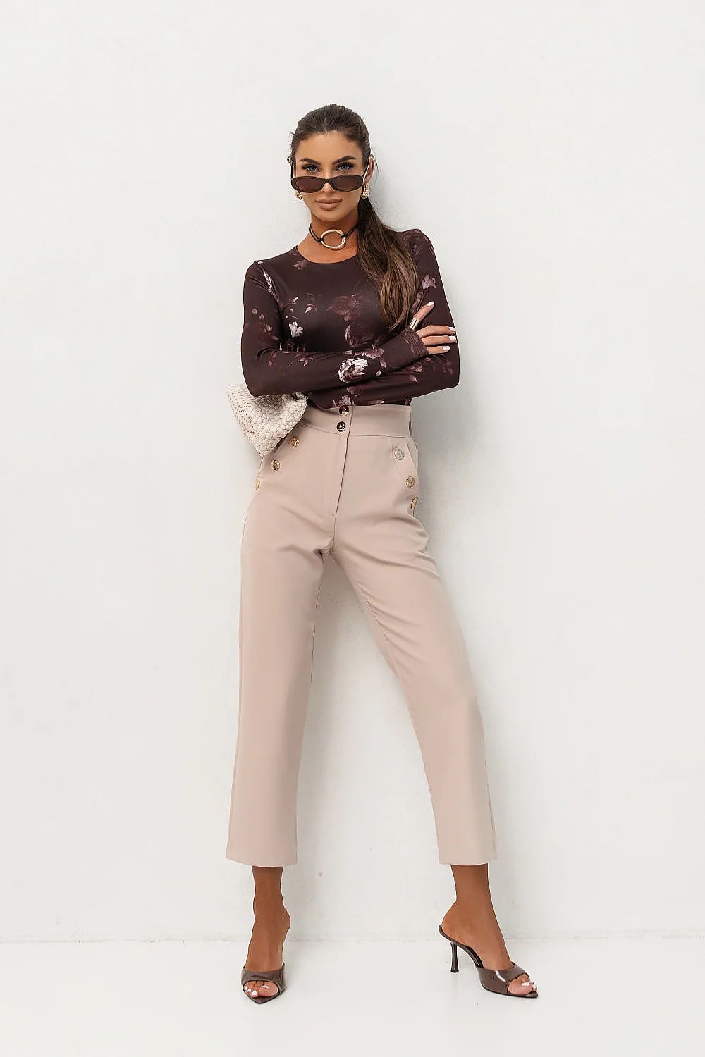  “Brown SHIRA blouse with floral print front view”