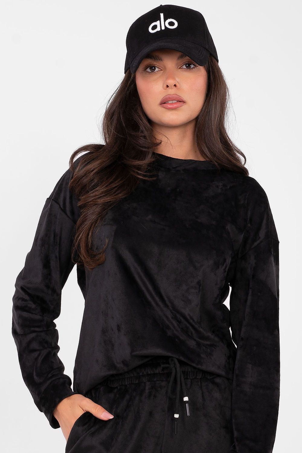  Black velour lounge set hoodie and trousers front view