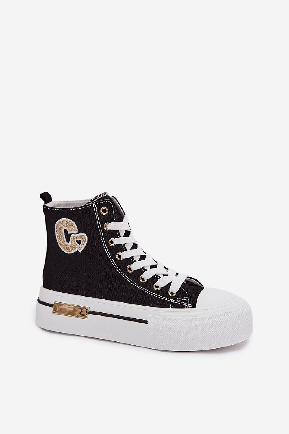 Black high-top sneaker with white laces on a white background