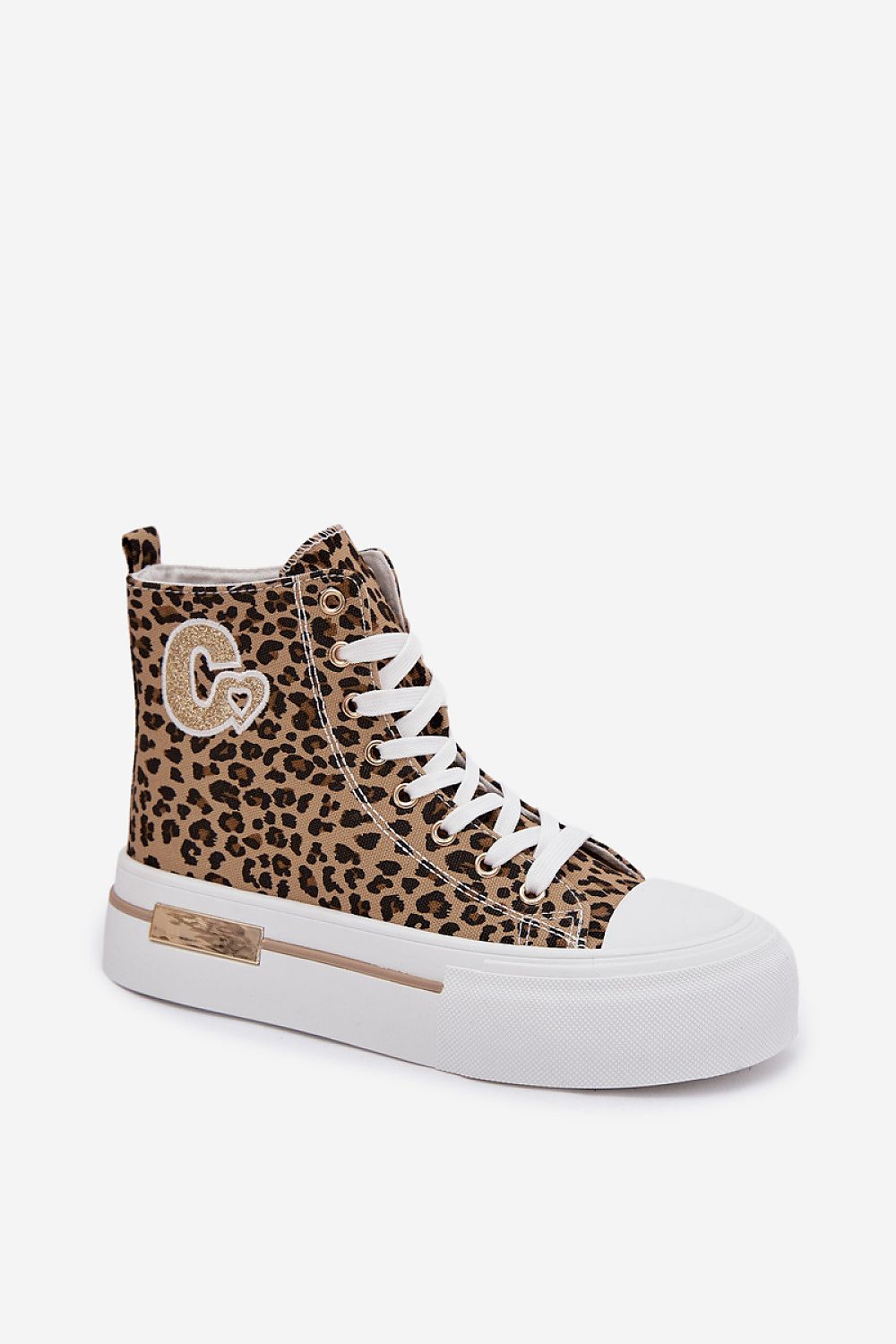 Leopard print high-top sneaker with white sole on a light beige background