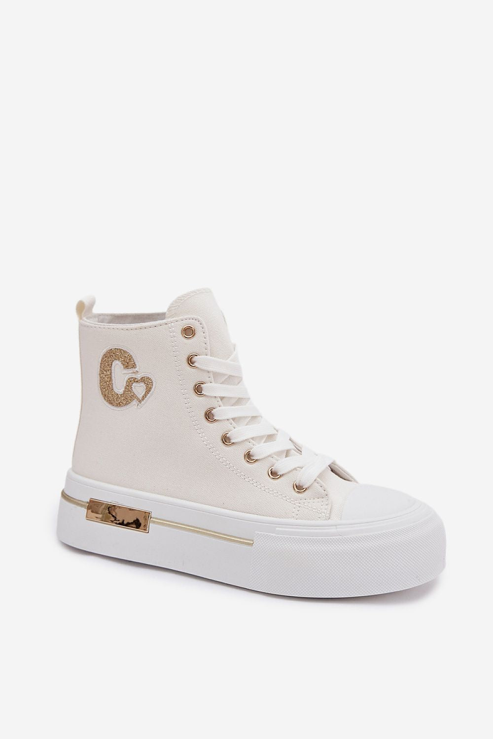 White high-top sneaker with gold accents on a white background