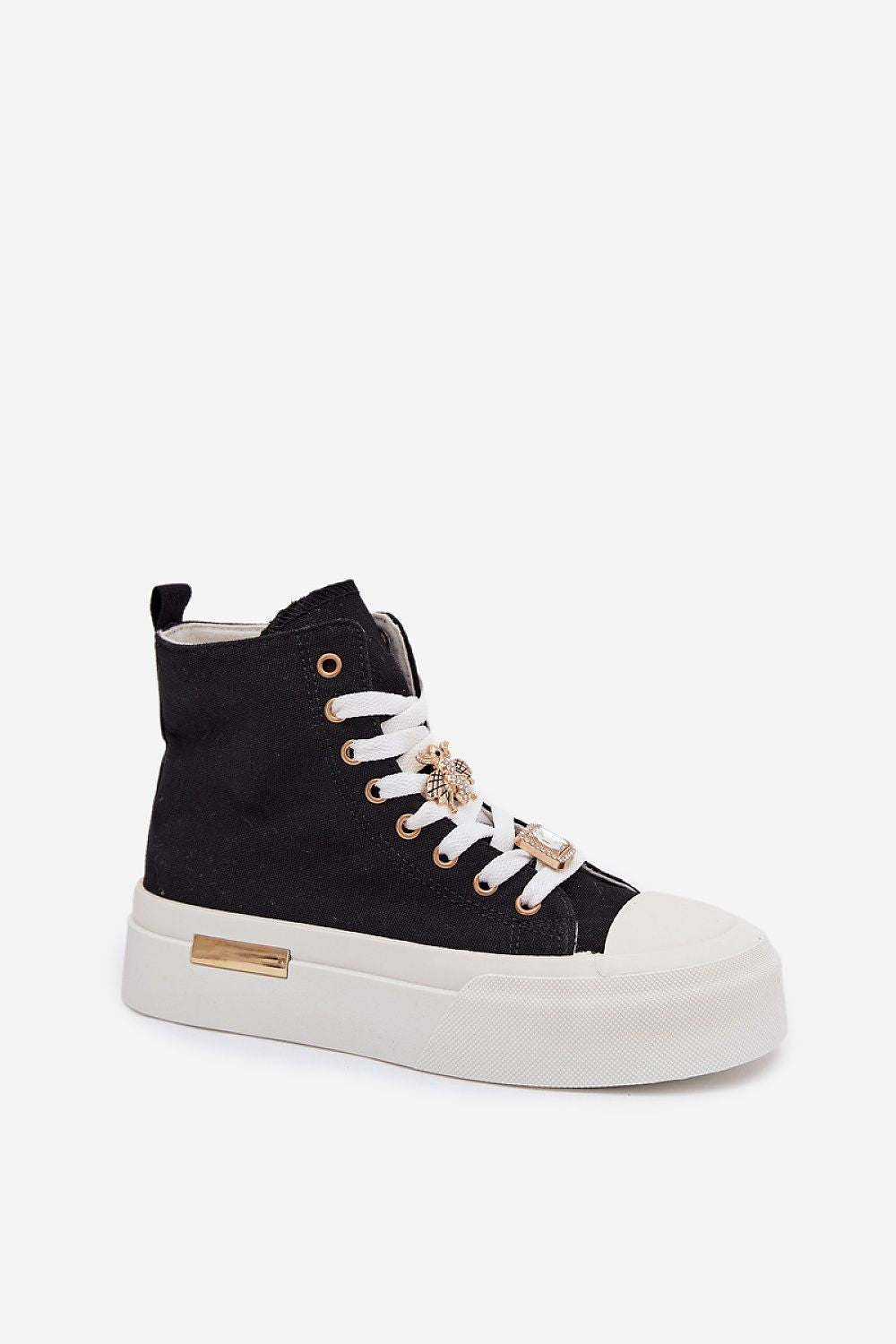 Black high-top sneaker with white sole on a white background