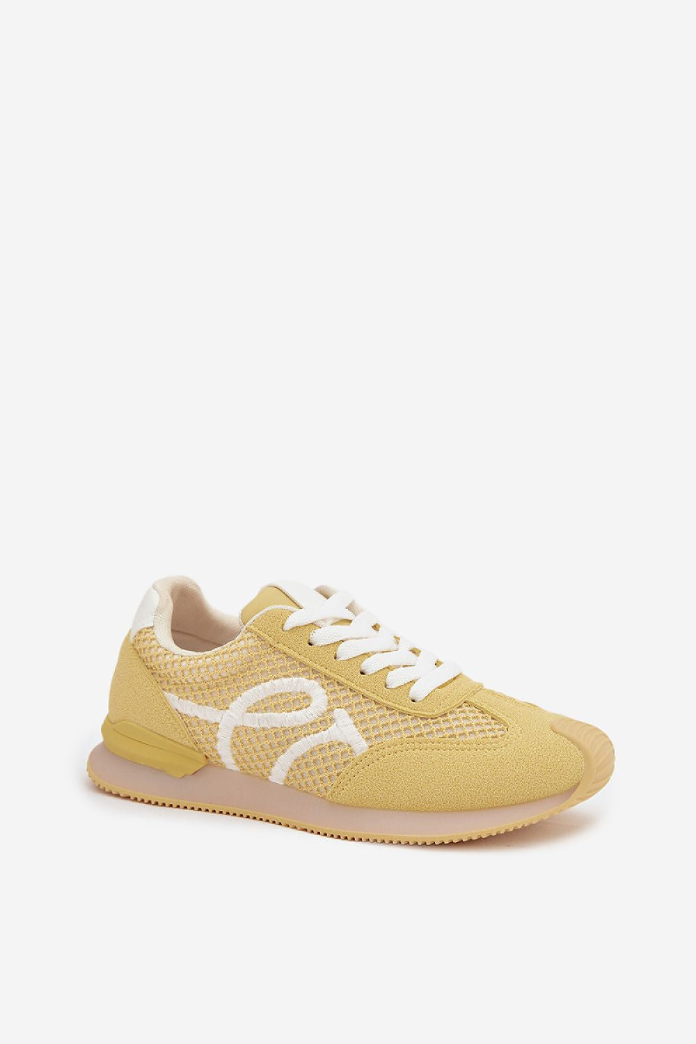 Yellow sneaker with white text on a white background