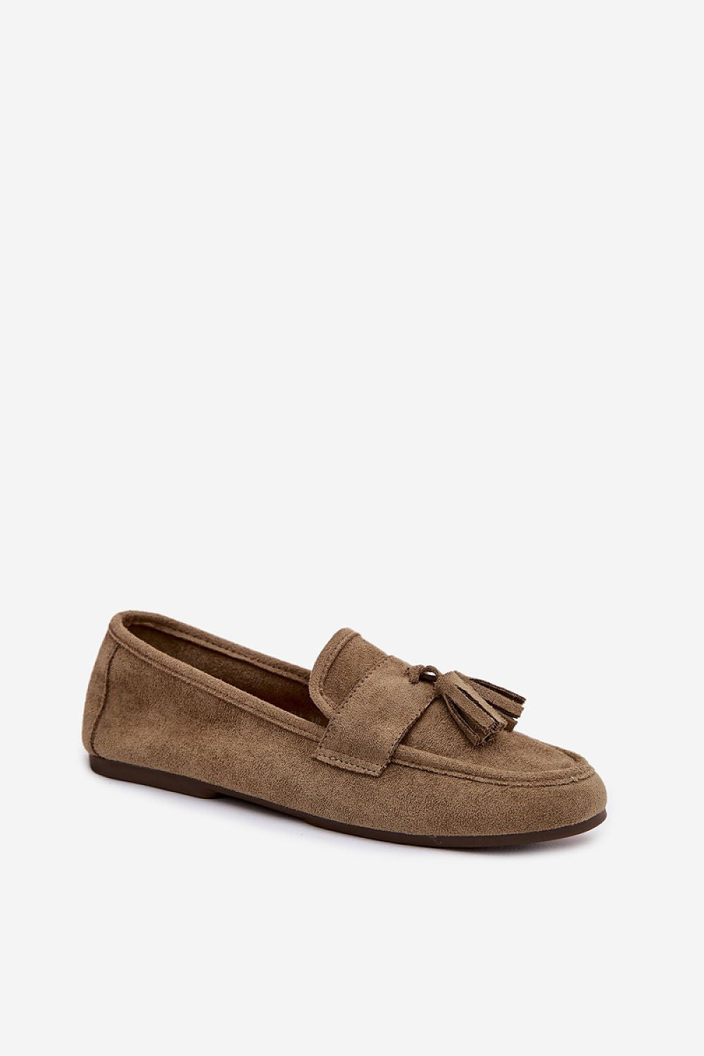 Brown loafer shoe with a bow on a white background