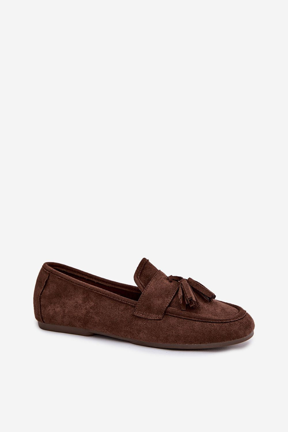 Brown suede loafer with a bow on a white background
