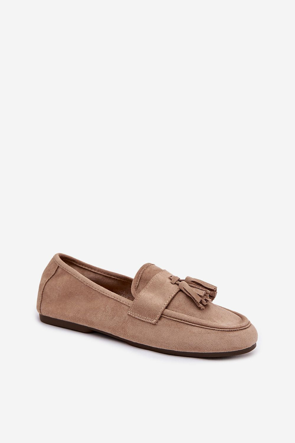 Brown suede loafer with a tassel on a white background