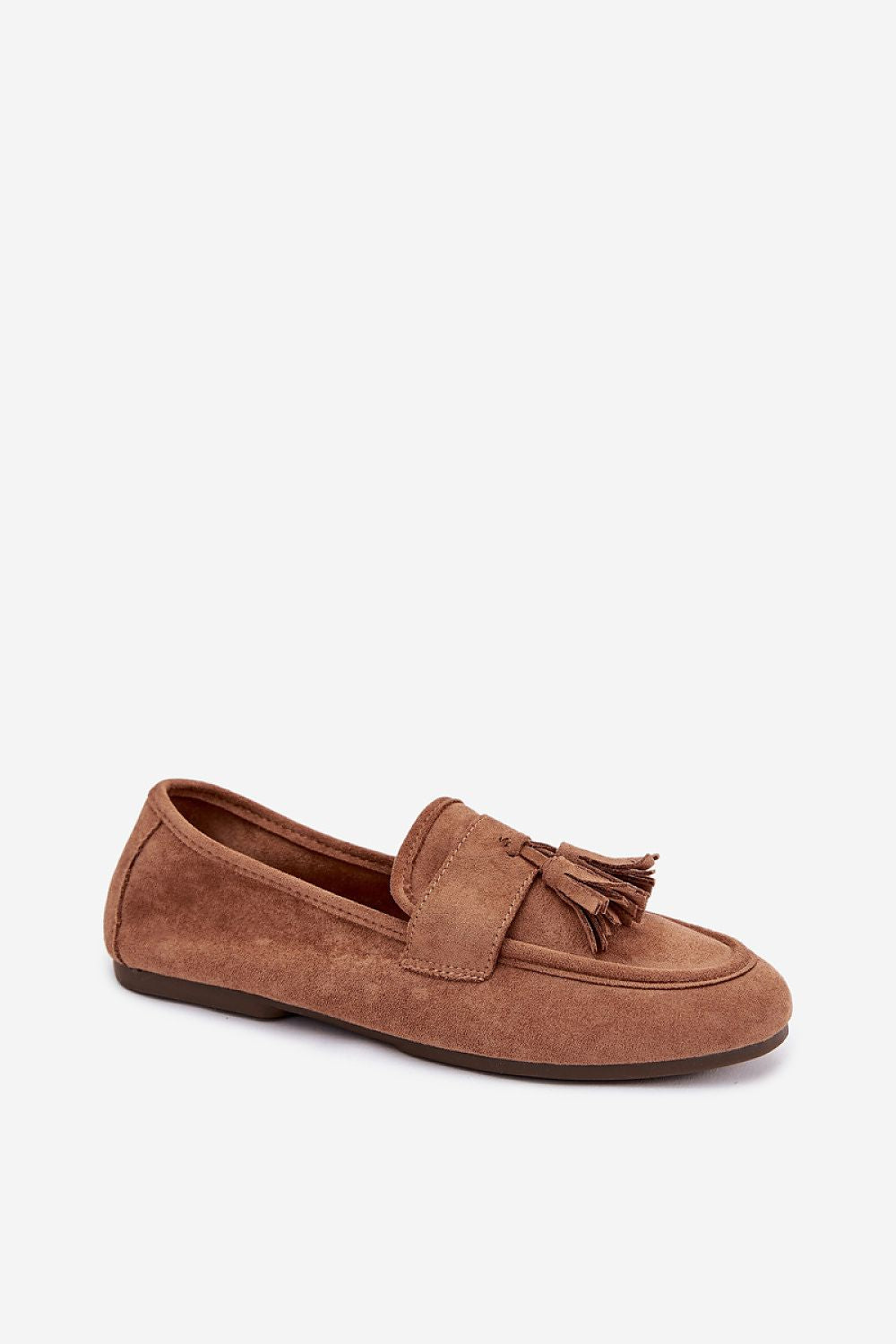 Brown suede loafer with tassel on a white background