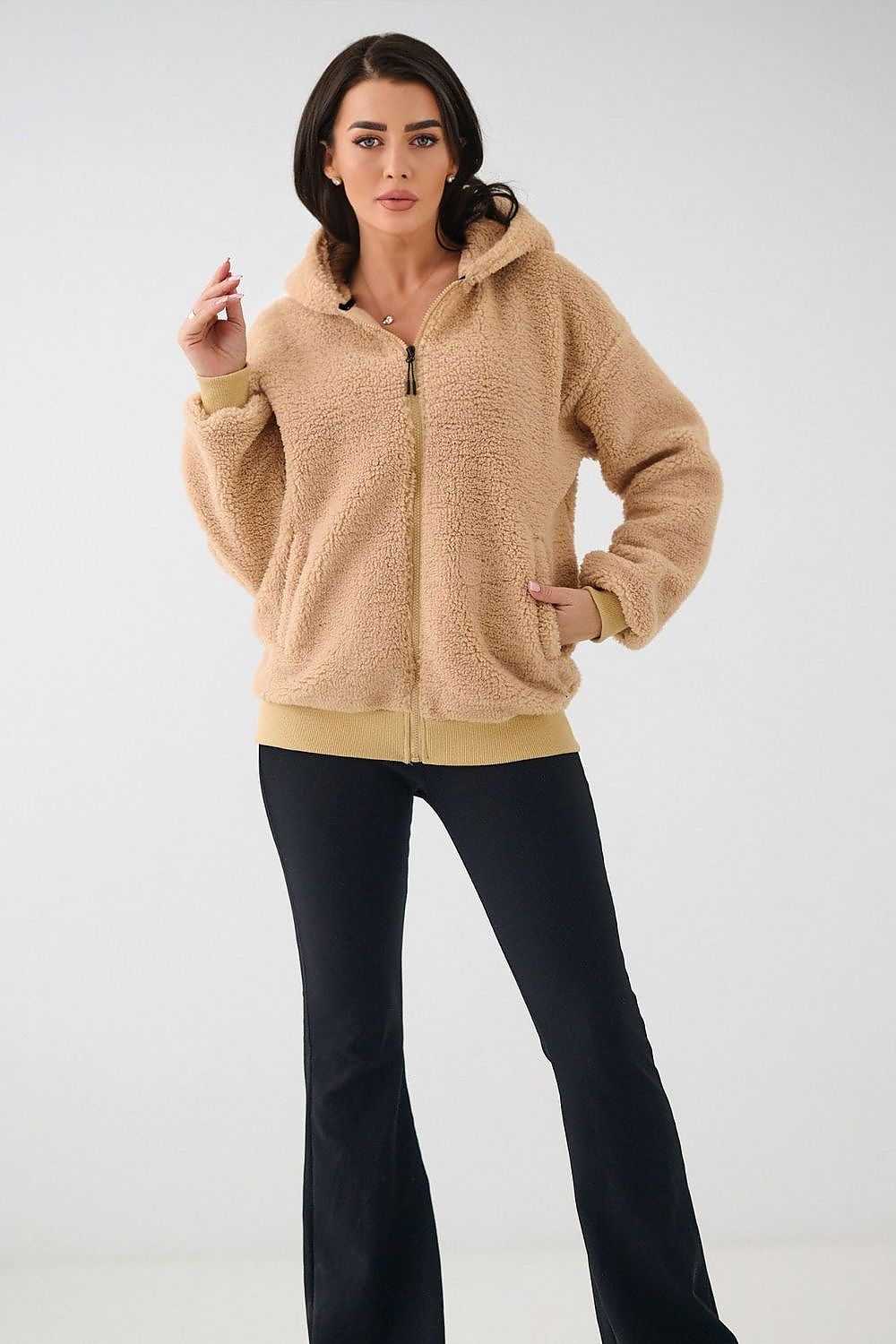plush hooded sweatshirt with full zip front and ribbed cuffs.