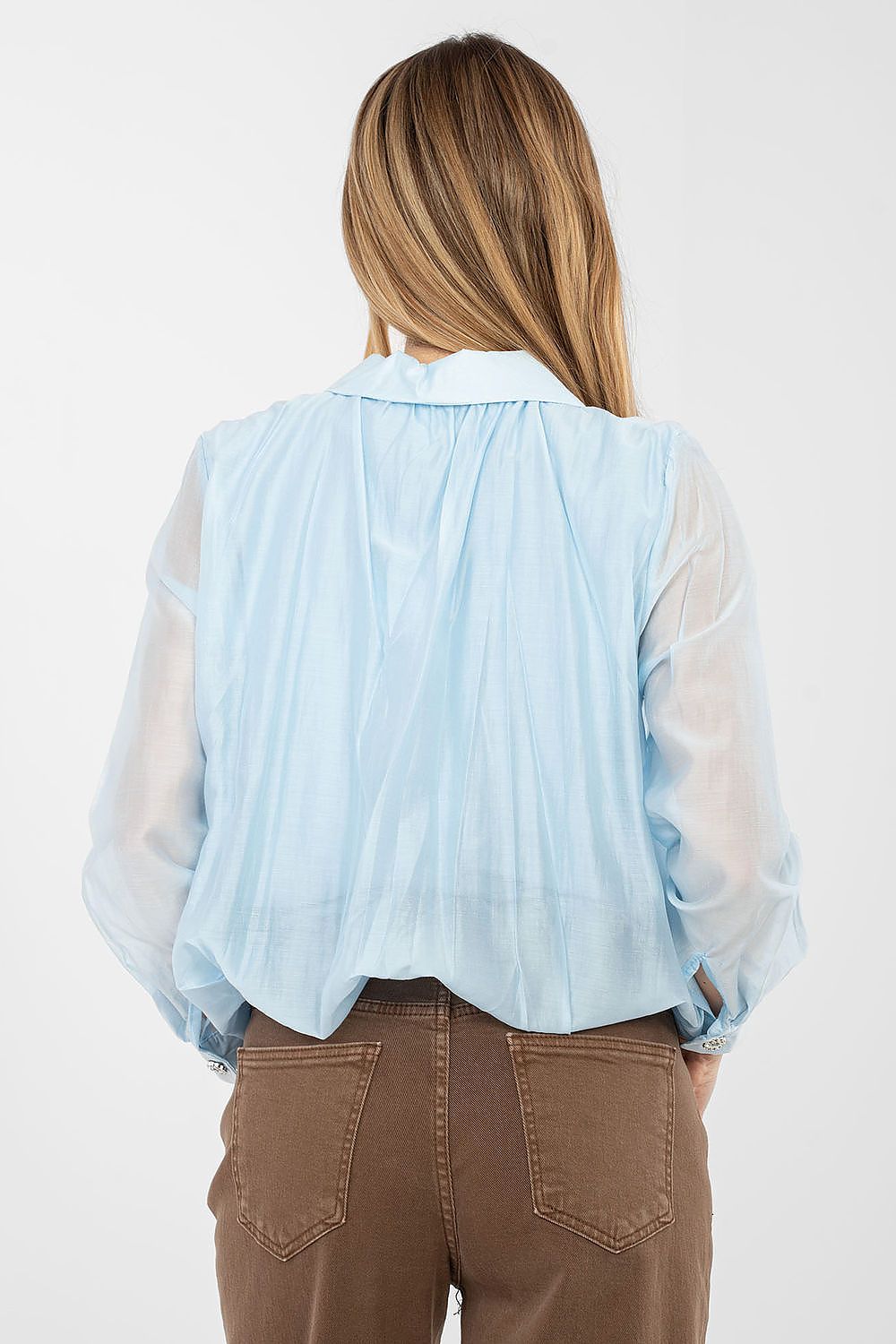  blue elegant women’s blouse with elastic hem rear view