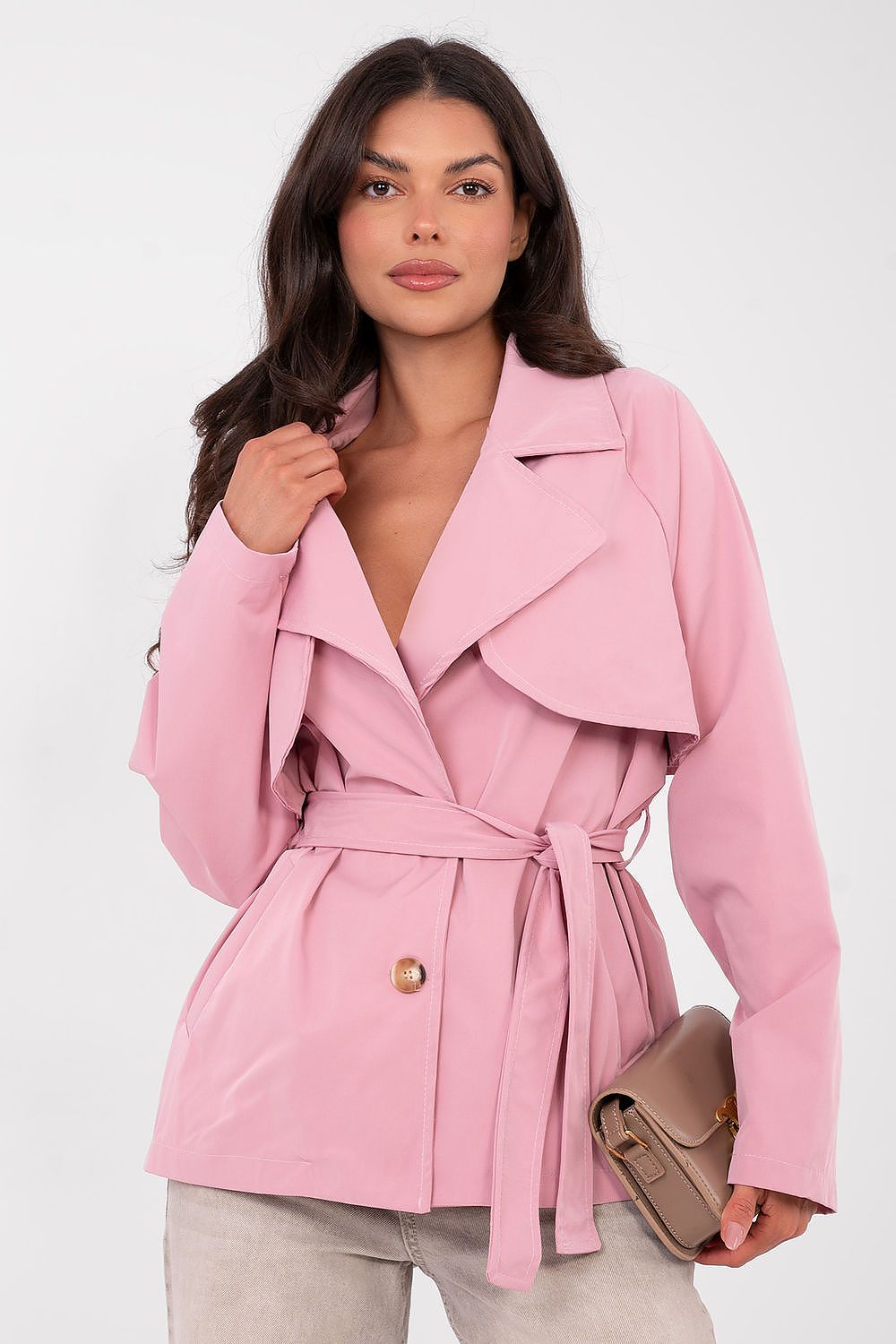  pink women’s short spring trench coat with belt