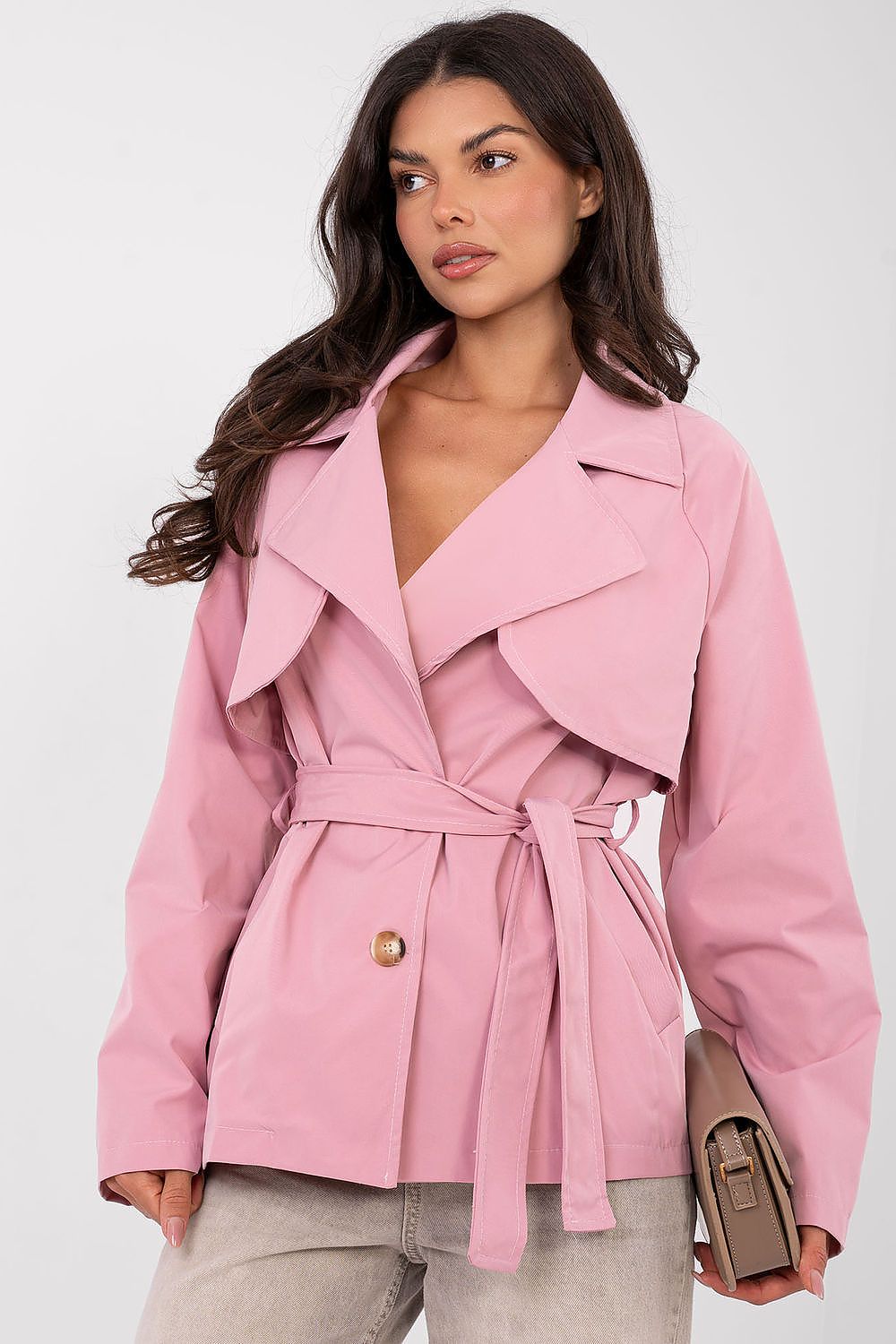  pink women’s short spring trench coat with belt-view-2