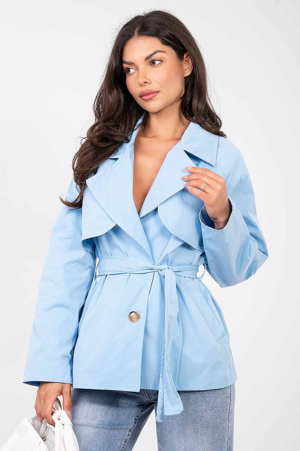  blue women’s short spring trench coat with belt