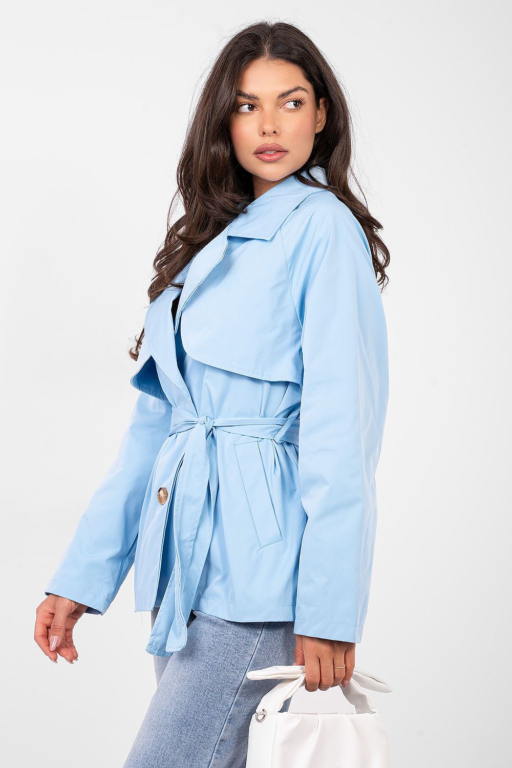  blue women’s short spring trench coat with belt-2