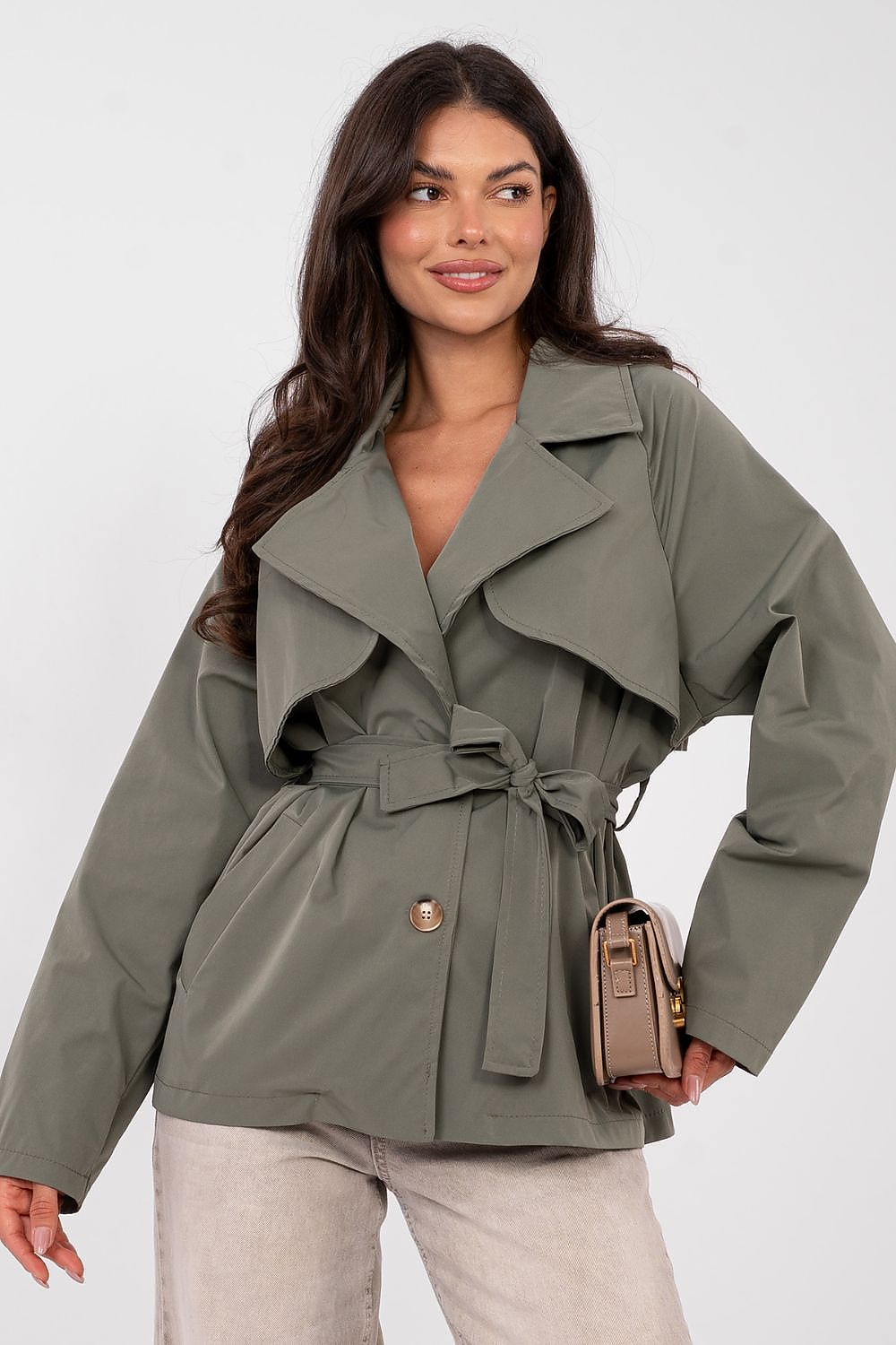  women’s short spring trench coat with belt-green