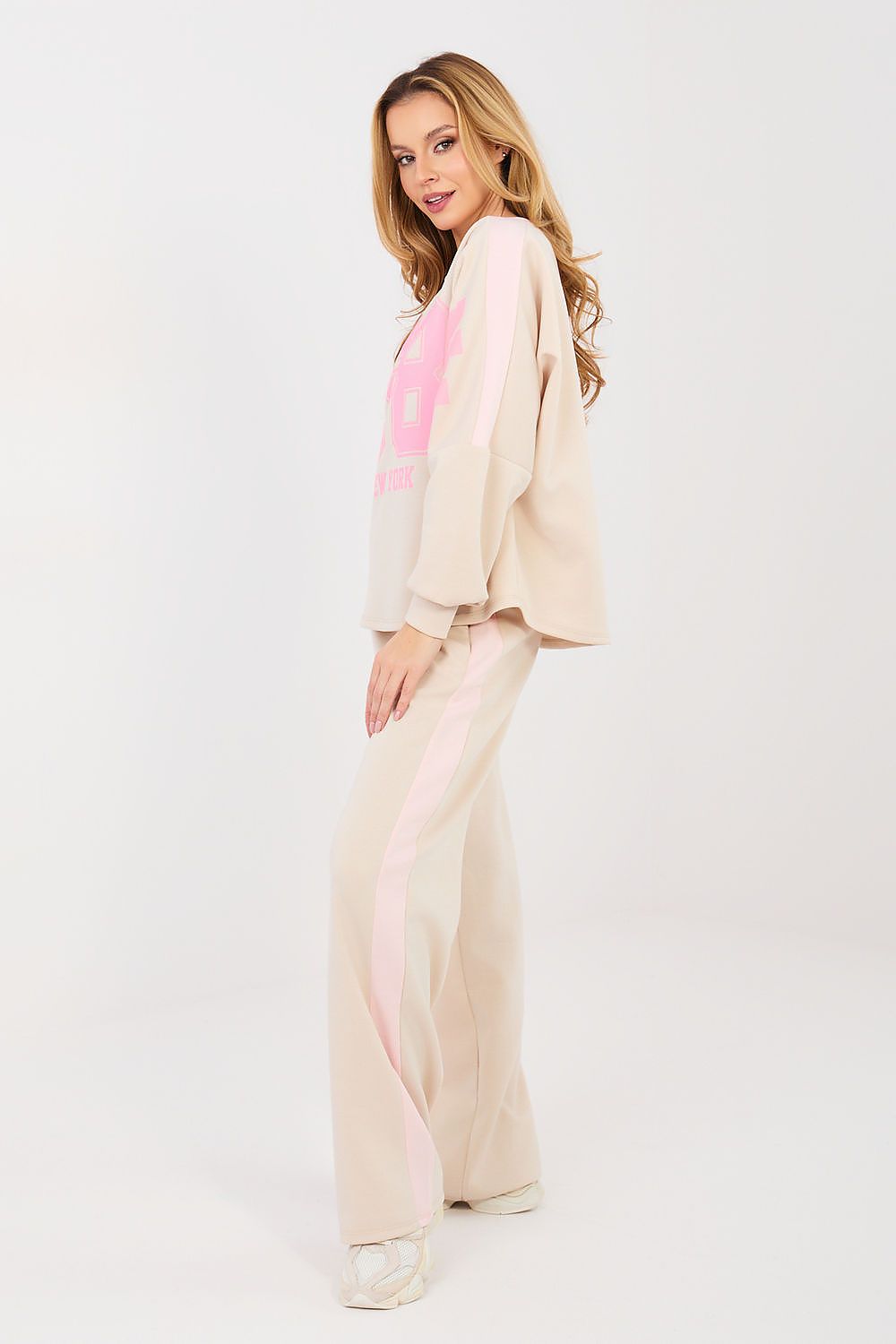  beige women’s sporty sweatshirt and wide leg tracksuit set