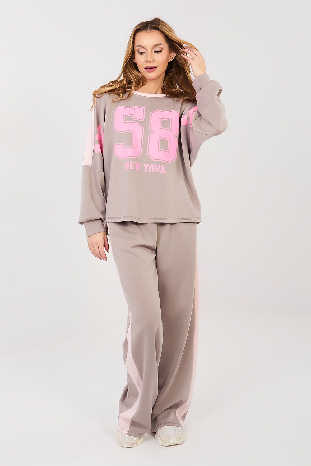  beige casual high waist striped tracksuit