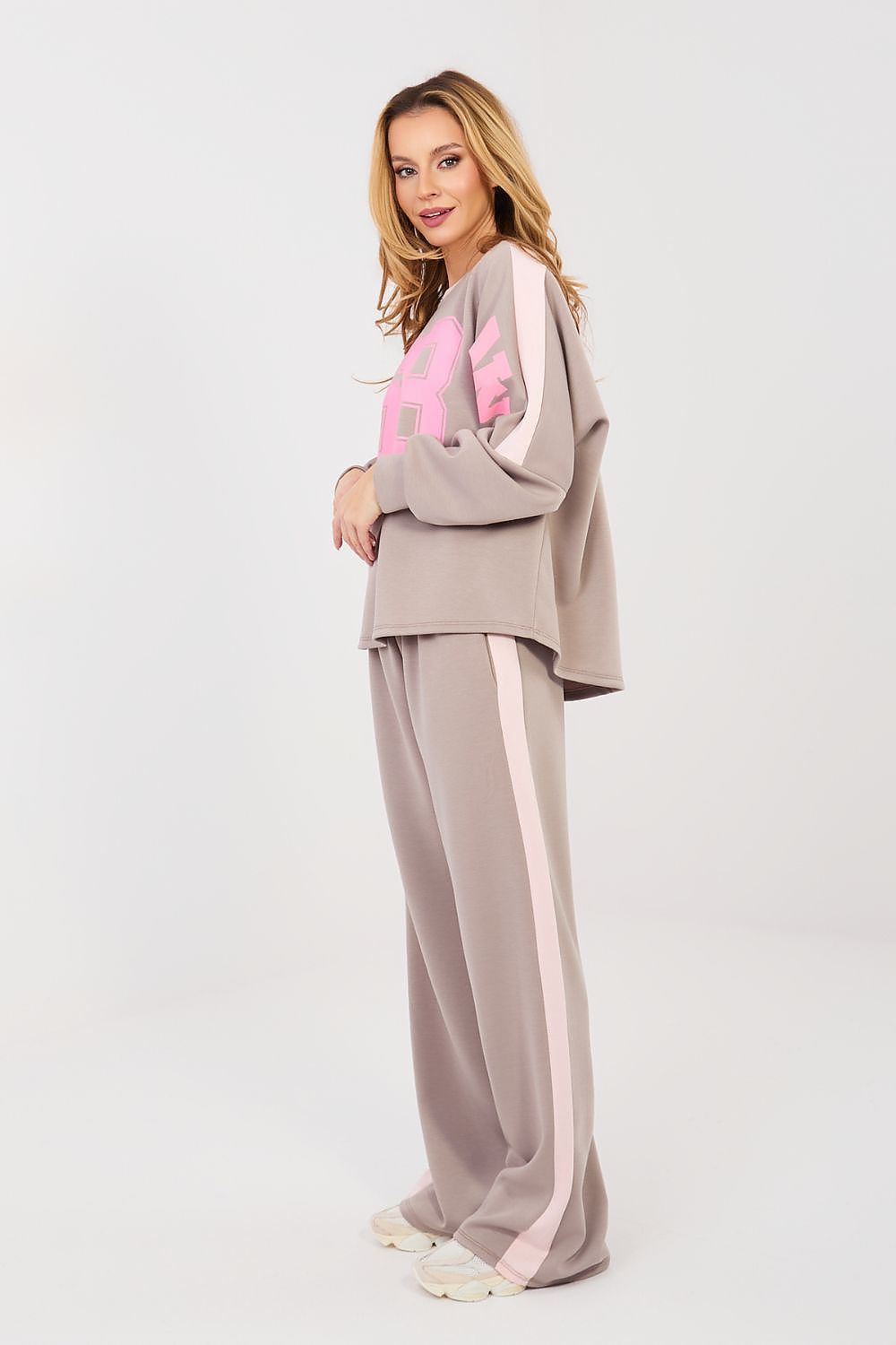  beige casual high waist striped tracksuit-side-view