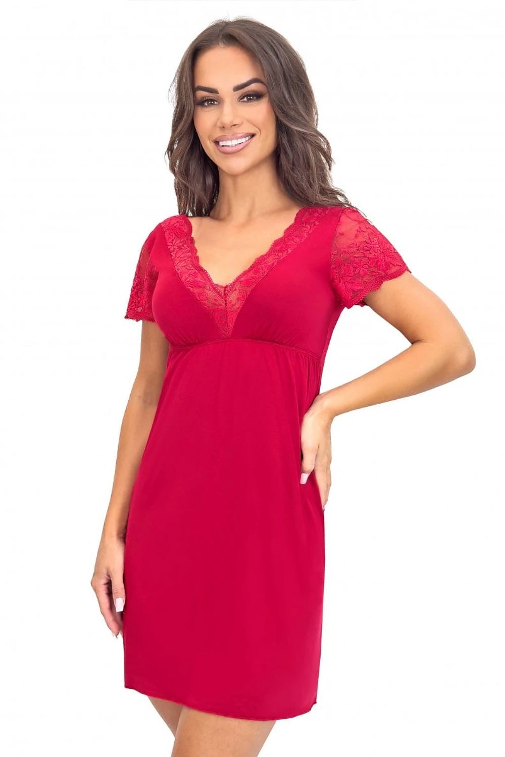  Red knee-length women’s nightdress with non-wired cups, lace sleeves and a comfortable elasticated under-bust band.