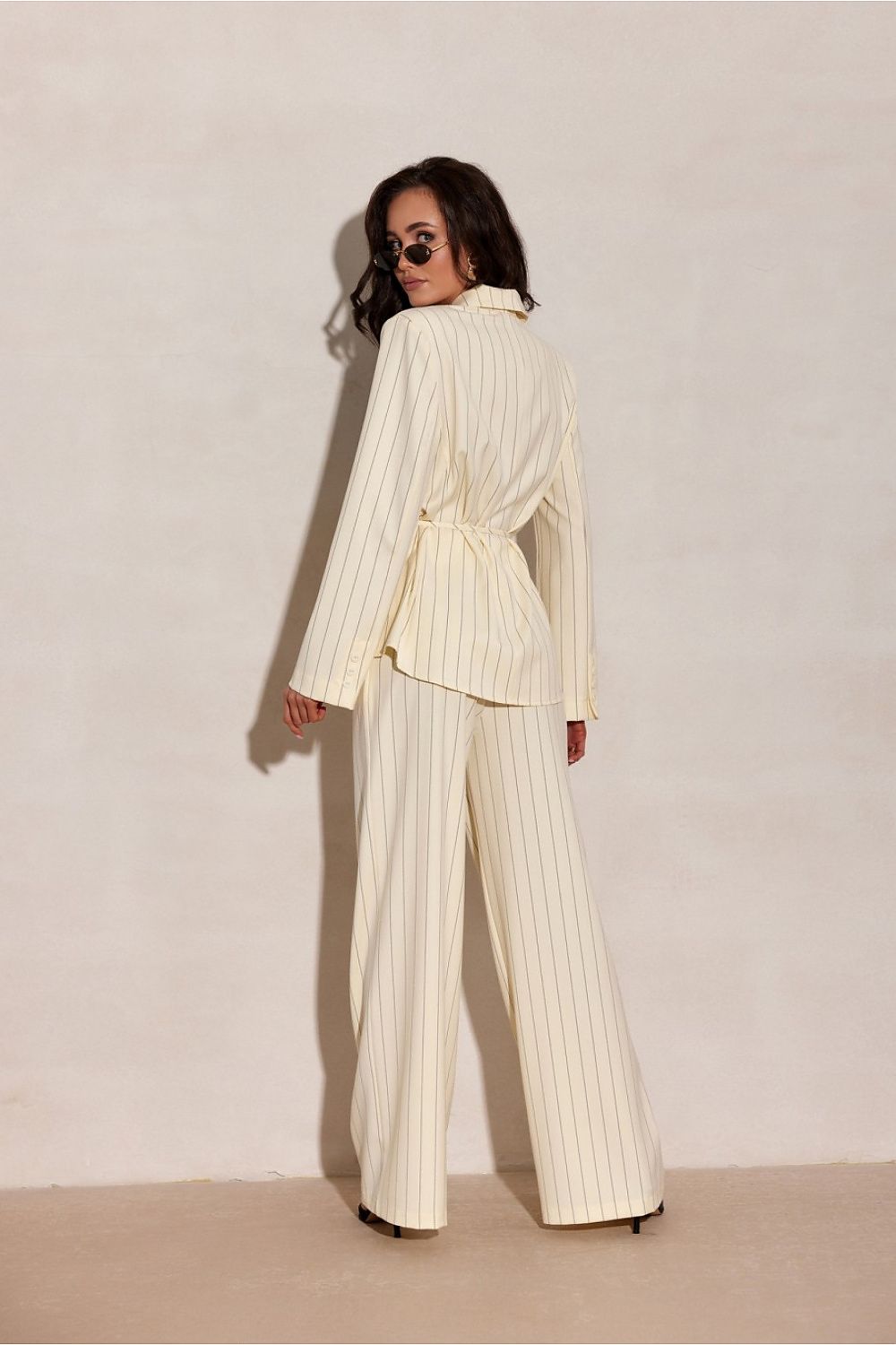 yellow wide leg striped trousers with tailored fit-rear-view