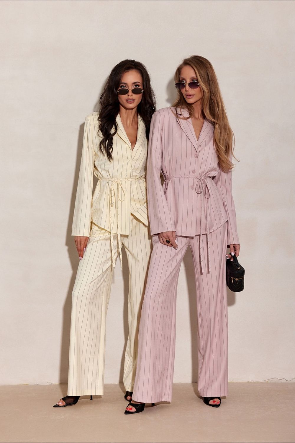 yellow wide leg striped trousers with tailored fit-front-view 