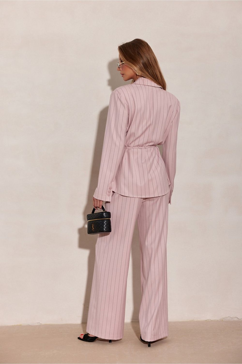 pink wide leg striped trousers with tailored fit