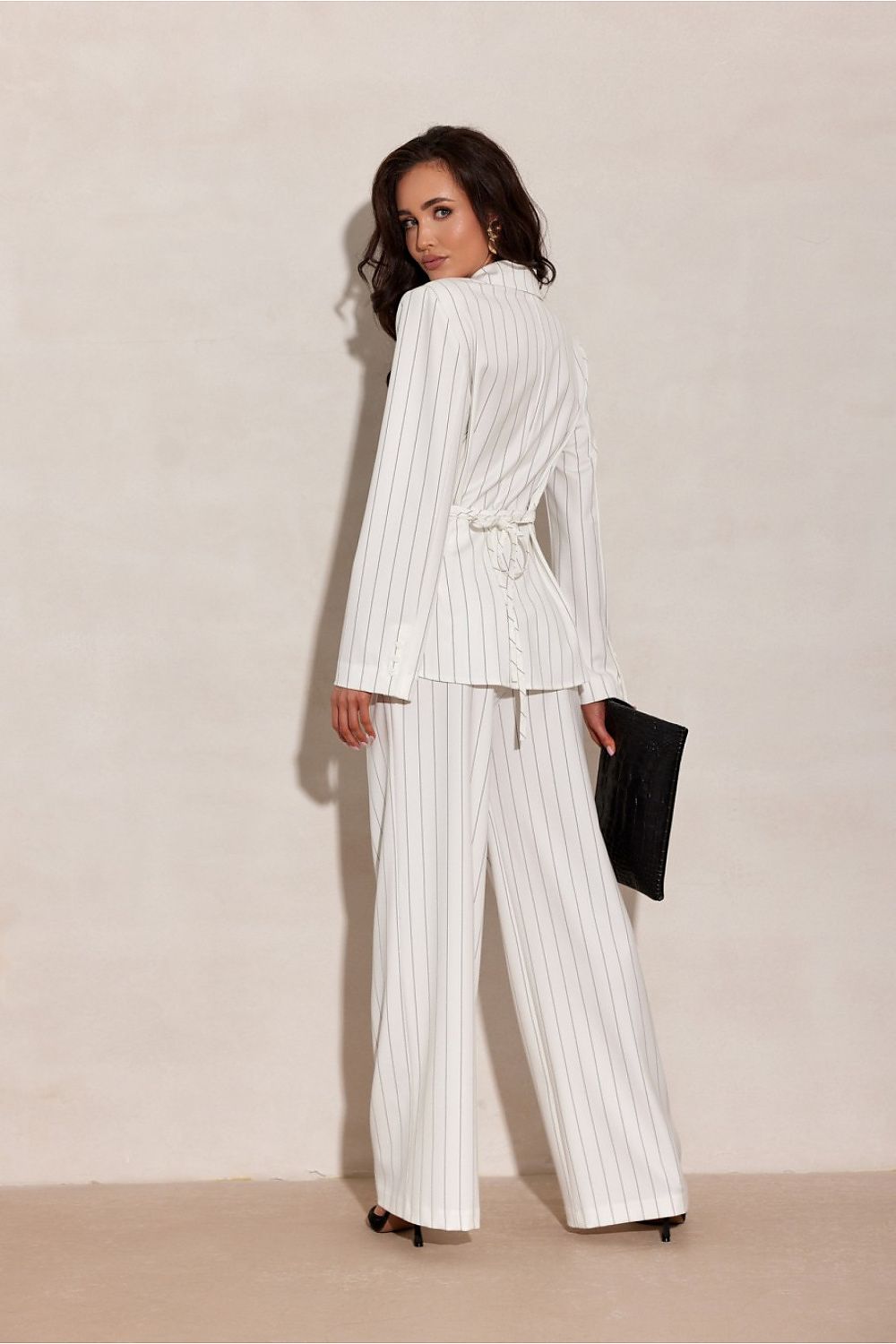 tailored blouse with waist tie and vertical stripes