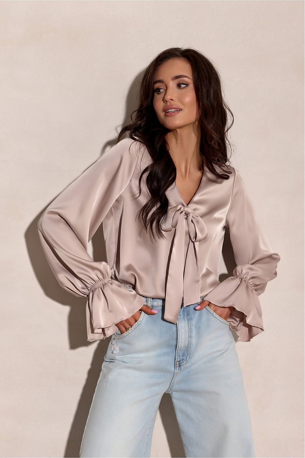  beige women’s elegant bow neck blouse