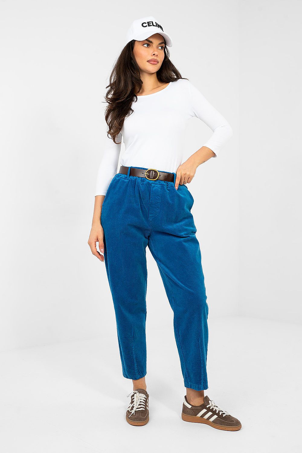  blue high waist corduroy carrot trousers with belt
