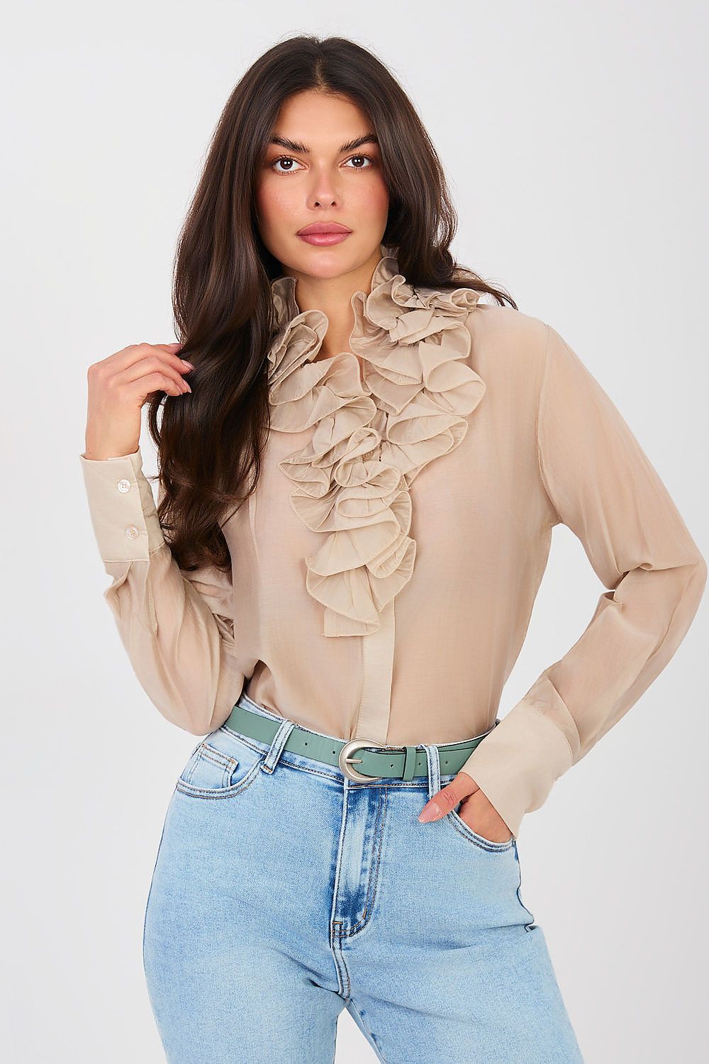  beige elegant long sleeve translucent blouse