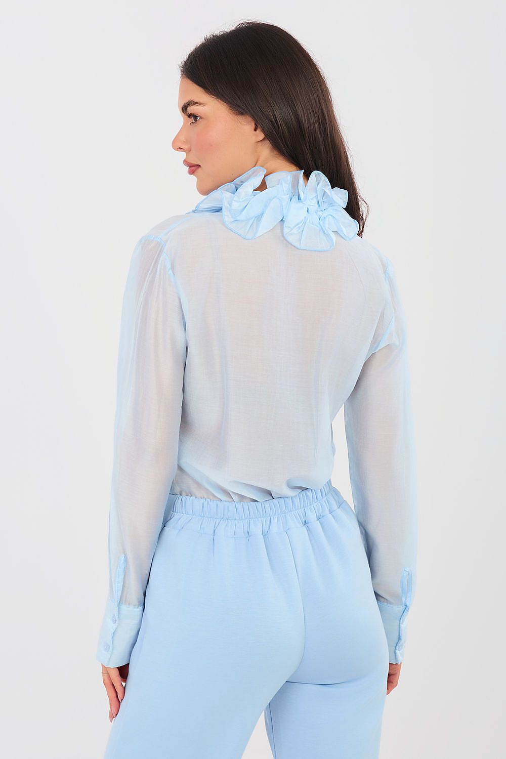  blue sheer women’s shirt with jabot and stand collar