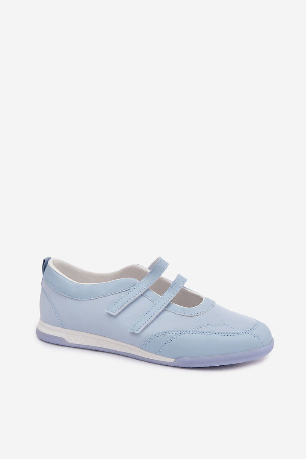 Light blue sneaker with velcro straps on a white background