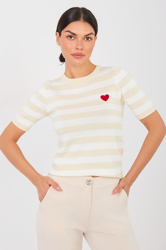  beige striped heart detail sweater front view