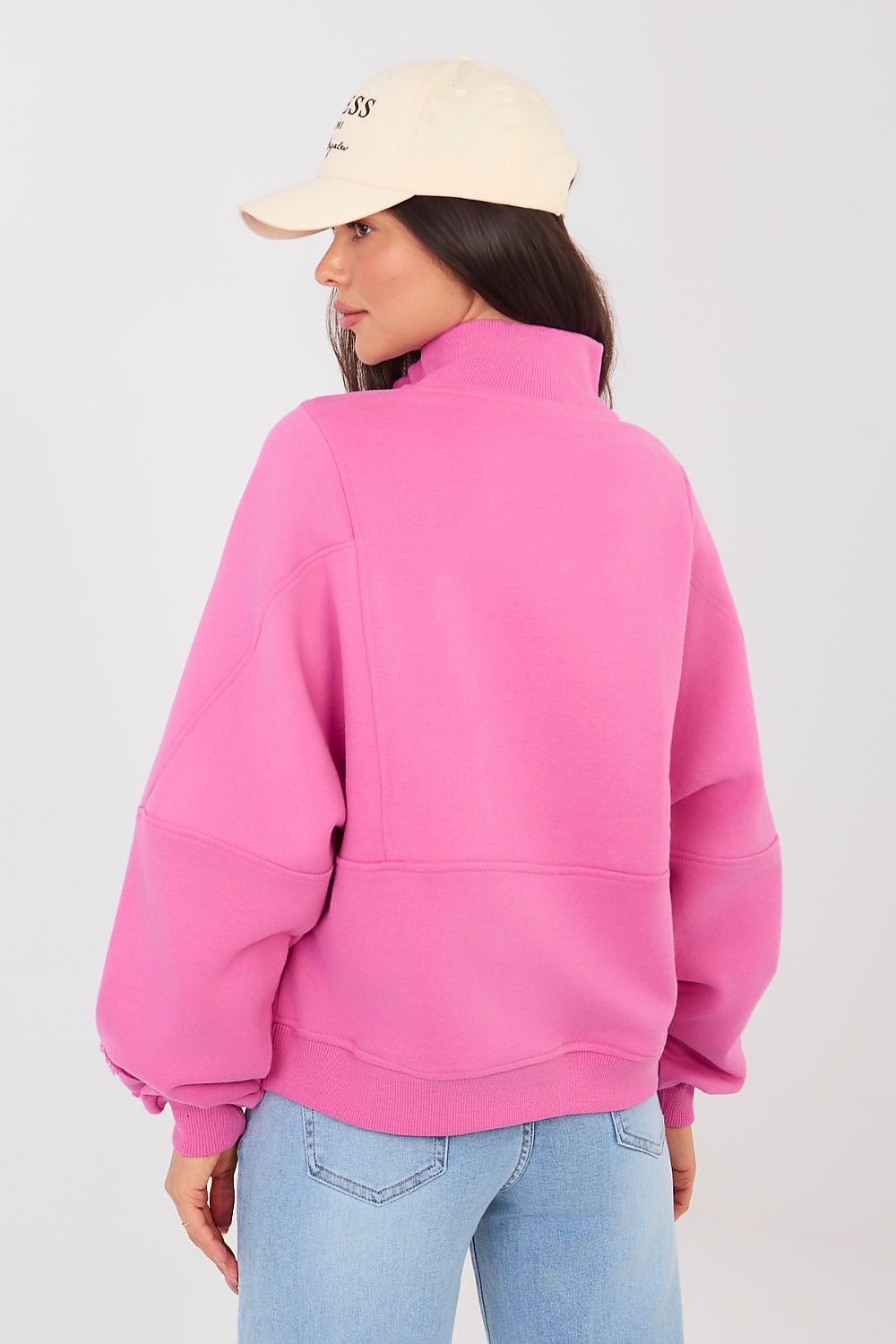  Women's pink half-zip sweatshirt with stand-up collar and embroidered details-rear-view
