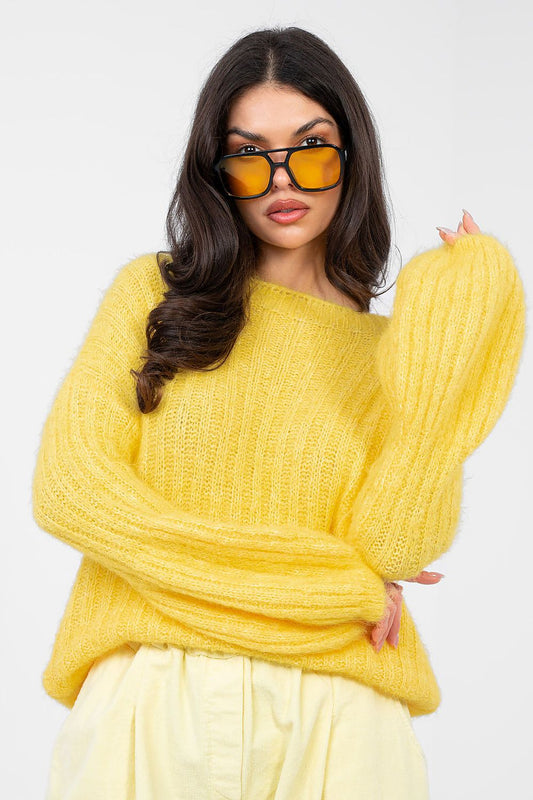  yellow women’s ribbed puff sleeve sweater