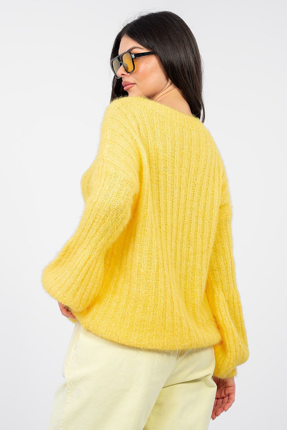  yellow women’s ribbed puff sleeve sweater-rear view