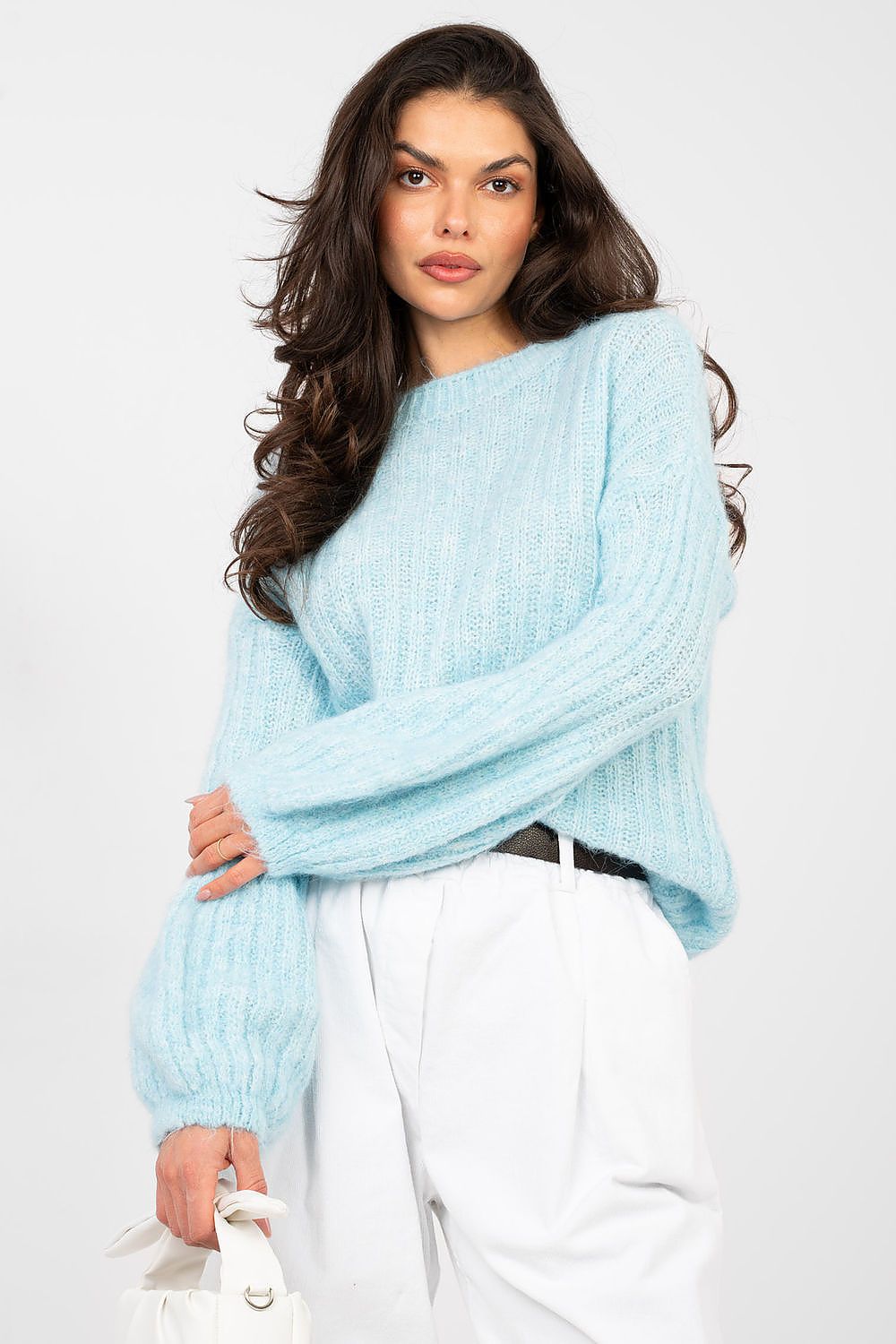  blue women’s ribbed puff sleeve sweater