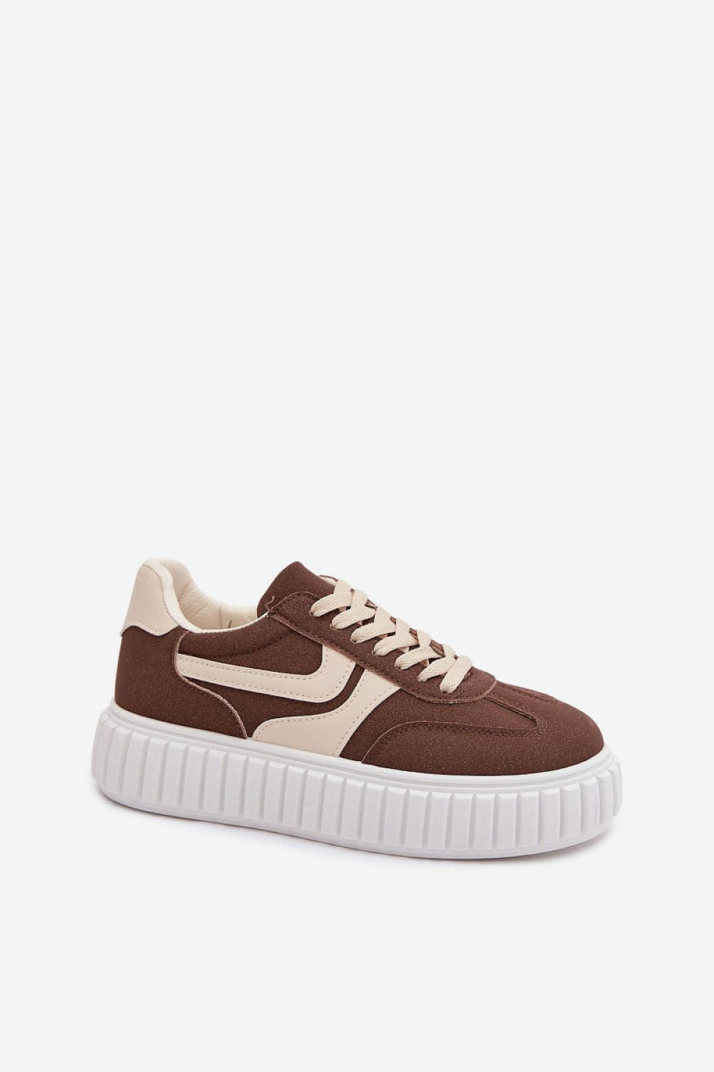 Brown sneaker with white laces and sole on a white background