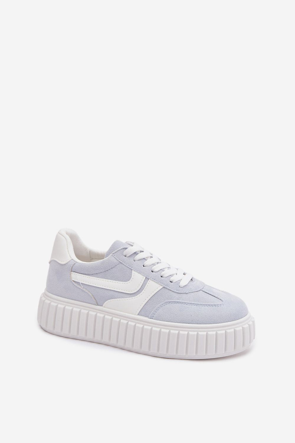 Light blue sneaker with white sole on a white background