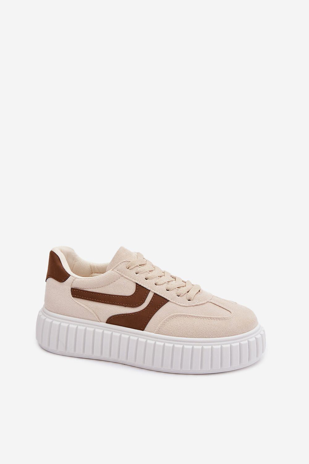 Beige sneaker with brown accents on a white background