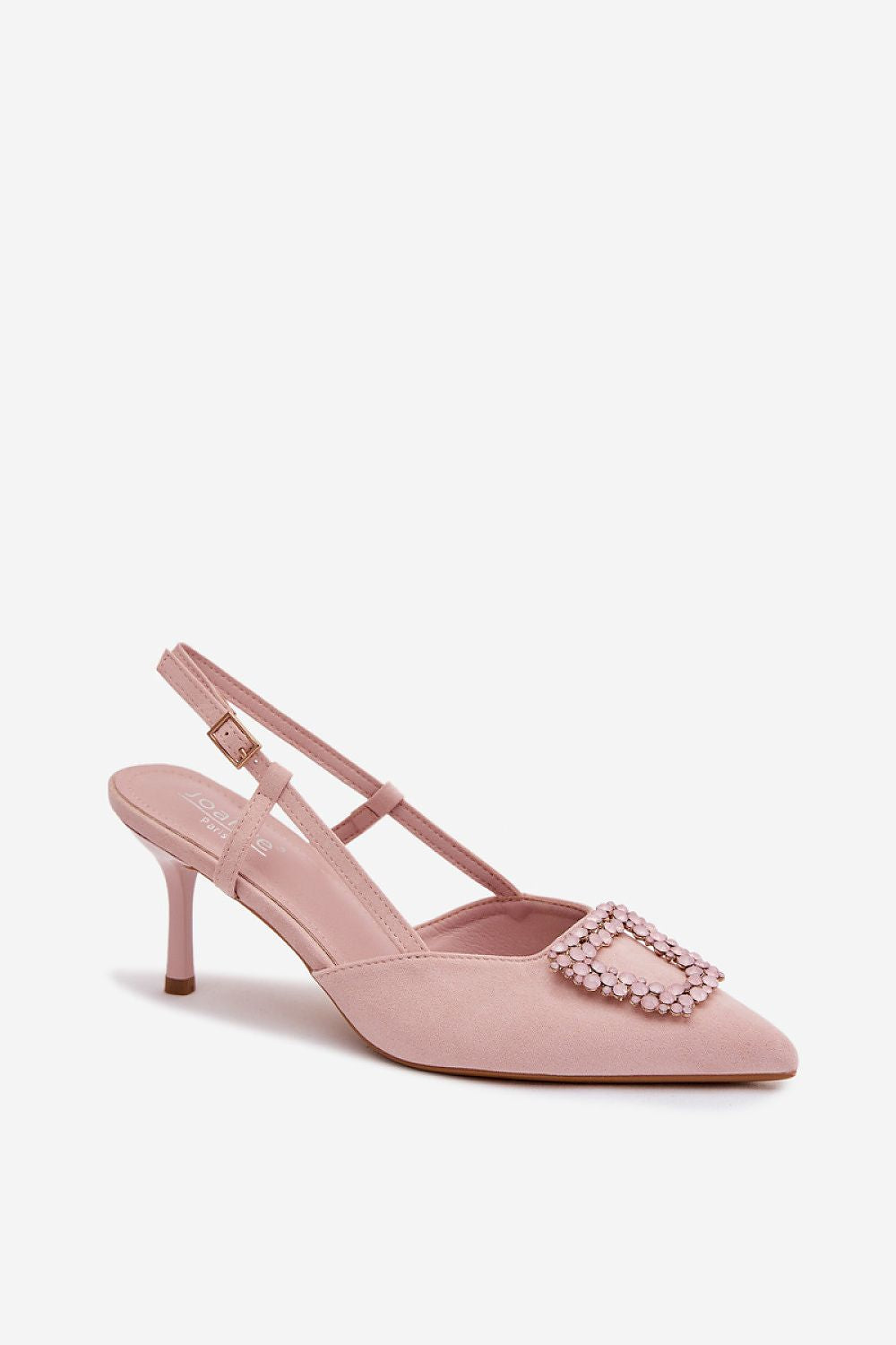 Pink high-heeled shoe with a decorative buckle on a white background