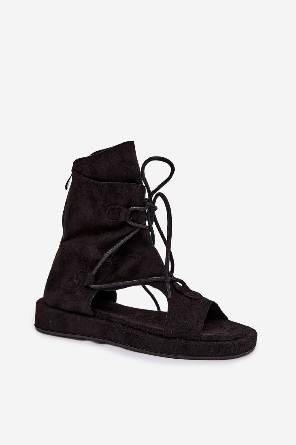  black women’s lace-up eco-suede sandals