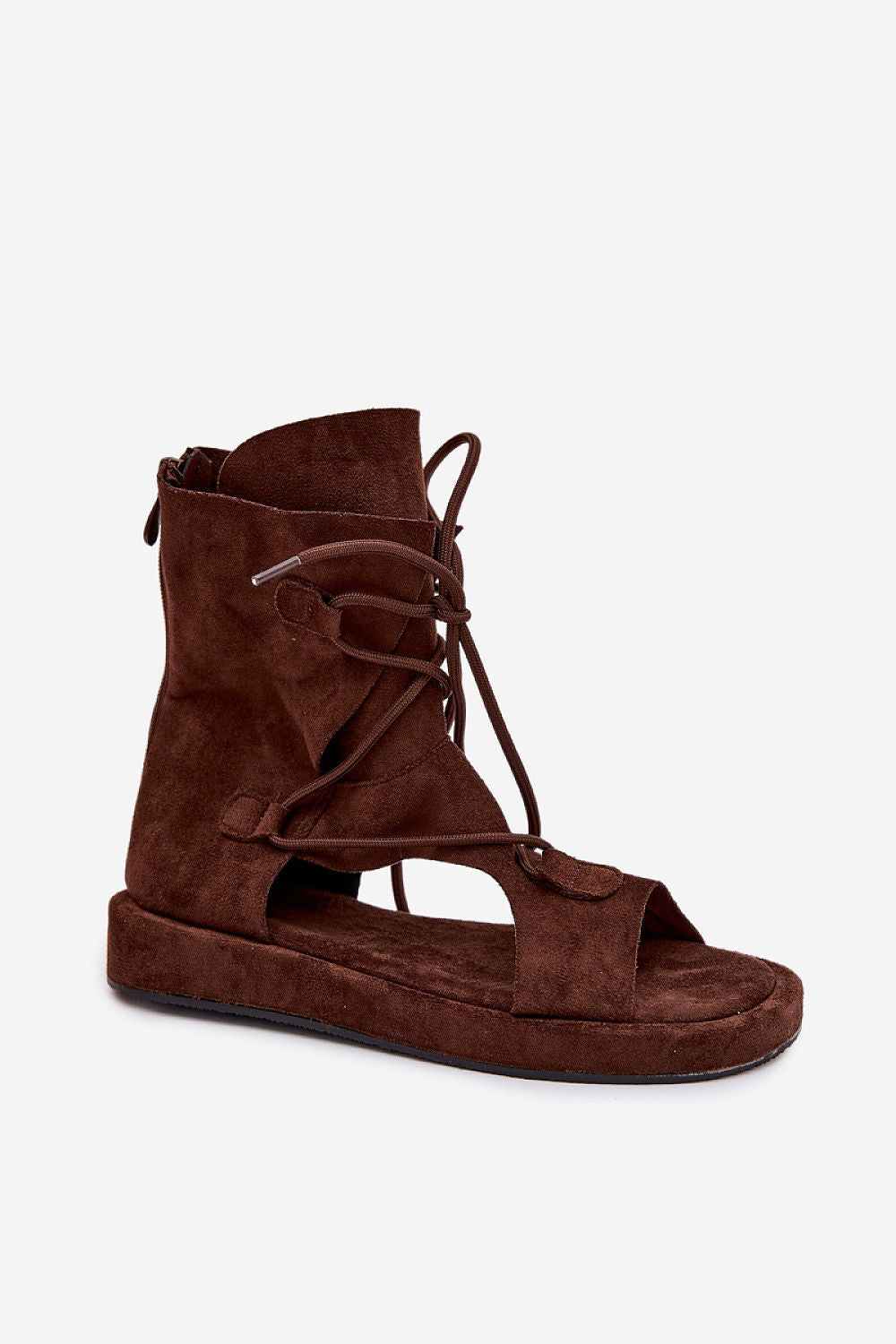 Brown suede sandal with lace-up design on a white background