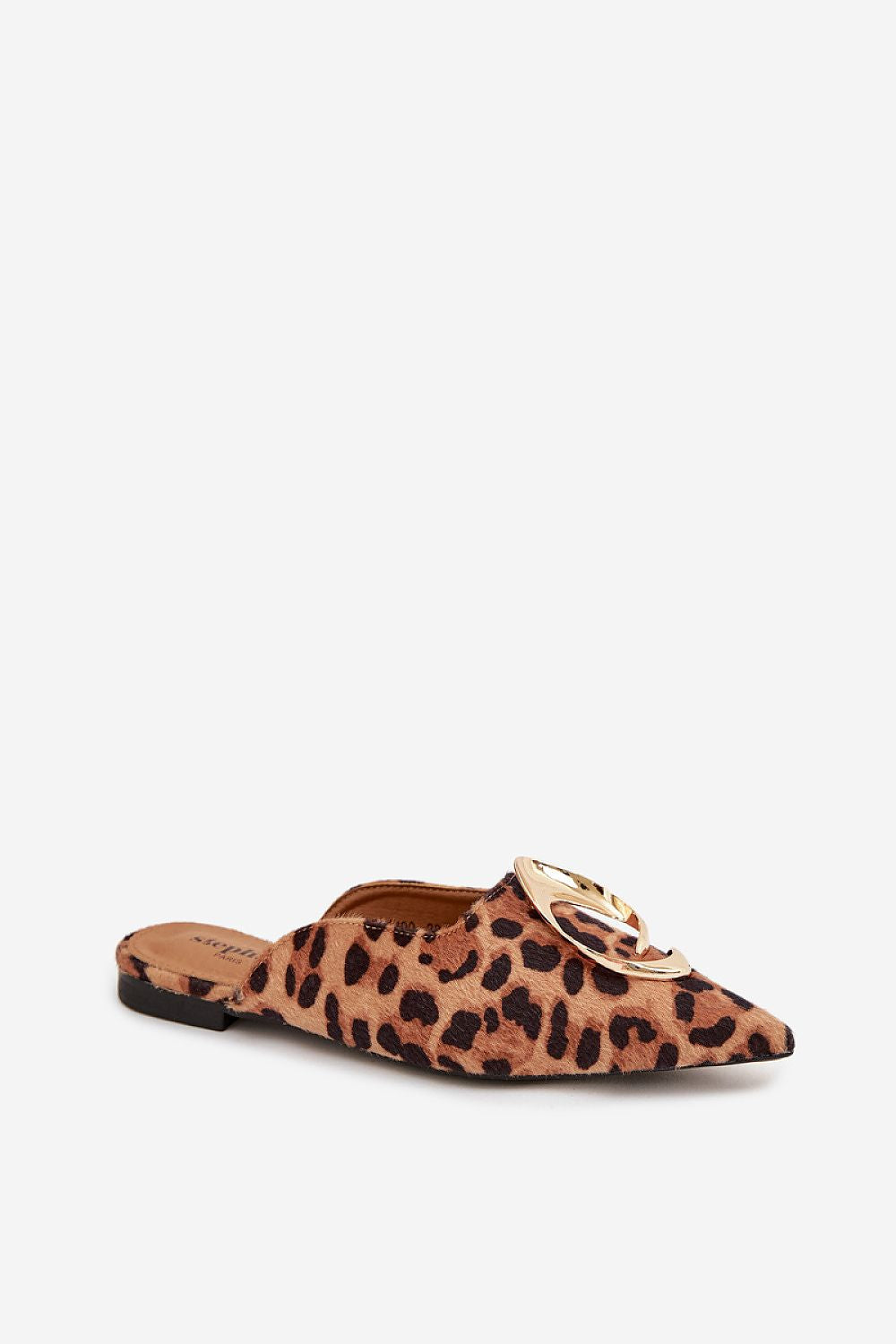 Leopard print slipper with a gold buckle on a white background
