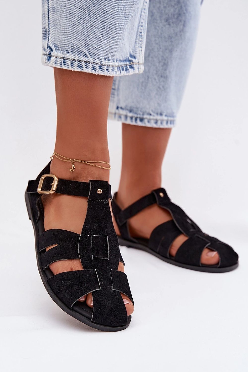  black adjustable strap gold buckle sandals