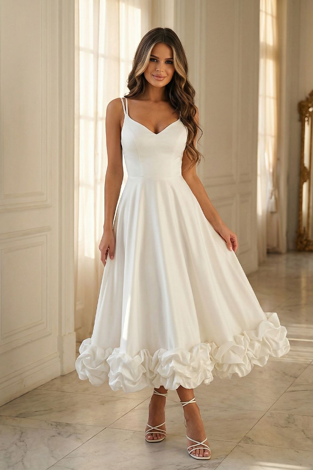  SR Fiora Bloom Midi Dress in beige featuring a sweetheart neckline and dramatic floral ruffle hem