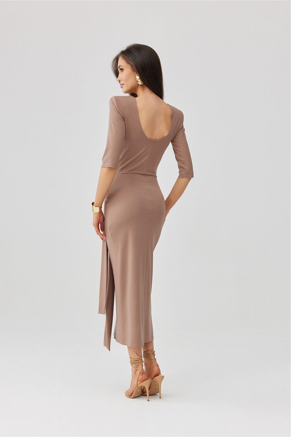  beige structured shoulder dress with 3/4 sleeves and tailored fit