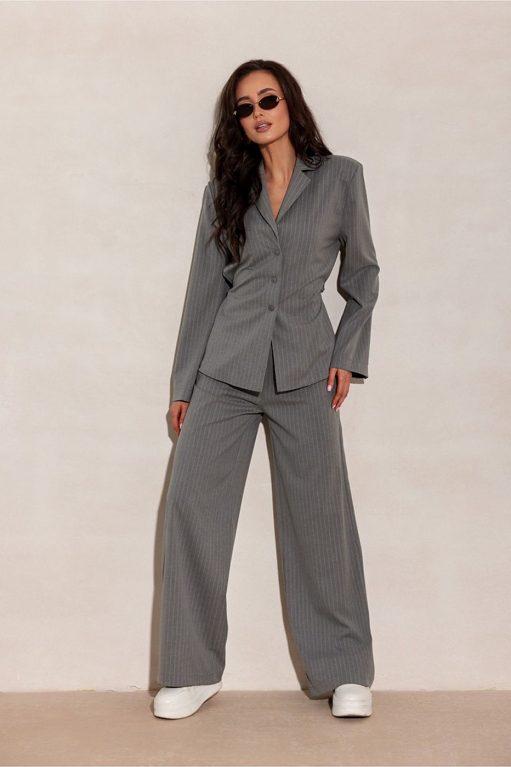 grey wide leg striped trousers with tailored fit