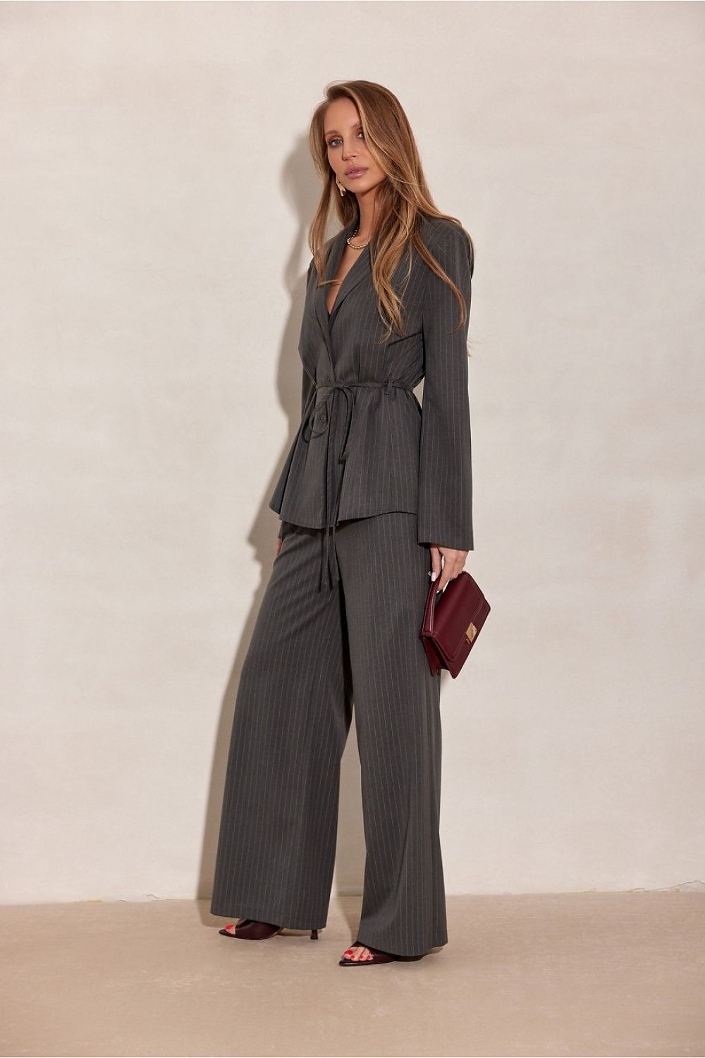 rich grey wide leg striped trousers with tailored fit-side view